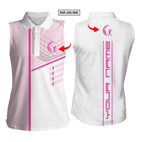 Golf club custom name and logo pink & white Womens sleeveless polo shirt personalized golf gift NQS4685
