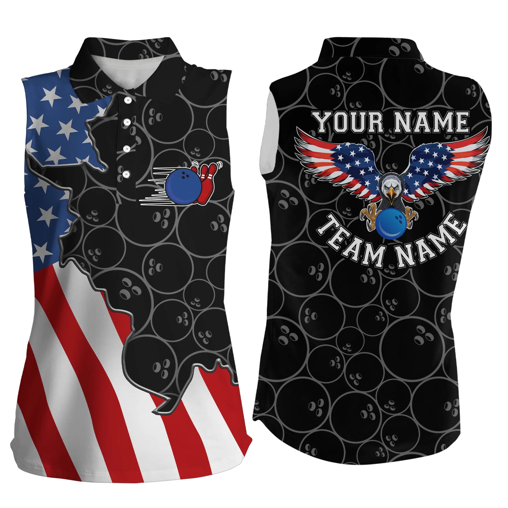 Custom sleeveless bowling shirt for women – personalized team jersey front view