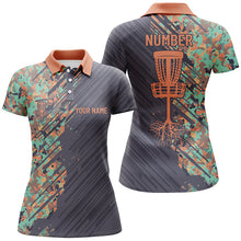 Load image into Gallery viewer, Womens disc golf polo shirts custom name Grunge Camo disc golf basket, personalized disc golf apparel NQS7200