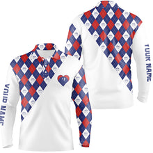 Load image into Gallery viewer, Personalized red white and blue argyle pattern bowling polo shirt for men, custom bowling heart jersey NQS6710