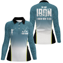 Load image into Gallery viewer, Blue tribal pattern Womens golf polo shirts custom The only iron I know how to use ladies golf attire NQS6907