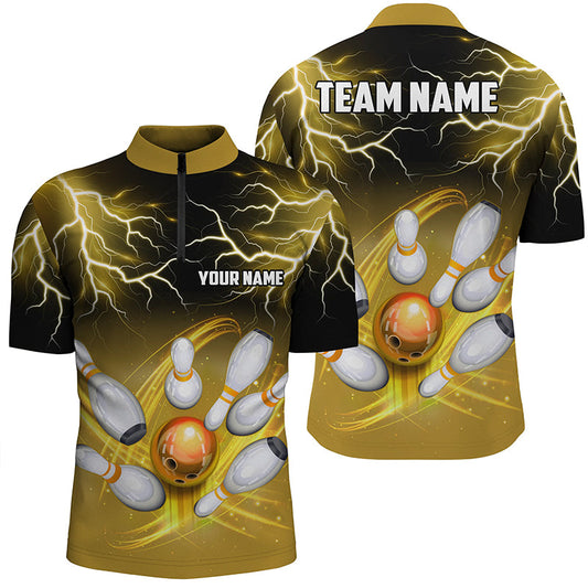 Men's bowling Quarter Zip shirts Custom black yellow bowling lightning thunder team league jerseys NQS7086