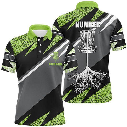 Green tribal black Mens disc golf polo shirt custom name, number disc golf jersey, disco golf outfit NQS6249