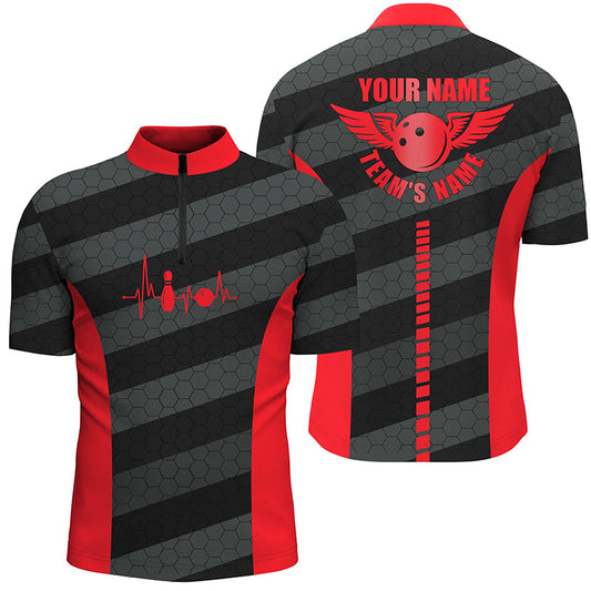 Men's bowling Quarter Zip shirts custom bowling team shirts for bowlers, team bowling jerseys | Red NQS7219
