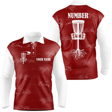 Load image into Gallery viewer, Red and white Mens disc golf polo shirts custom disc golf basket, personalized disc golf gifts NQS6758
