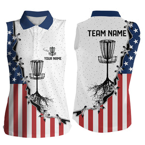 Red, white and blue American flag Women sleeveless polo shirt custom disc basket disc golf shirt NQS6765