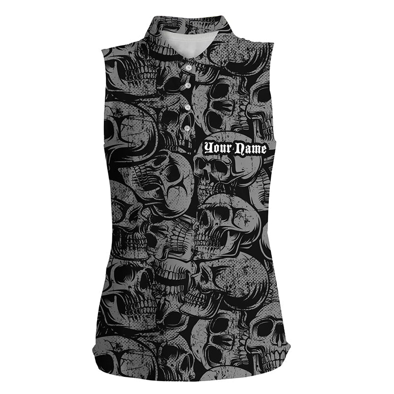 Black skull pattern Womens sleeveless polos shirt custom cool golf shirts for ladies, best golf gifts NQS6519