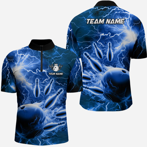 Men's bowling Quarter Zip shirts Custom blue lightning thunder Bowling Team Jersey, gift for Bowlers NQS6582