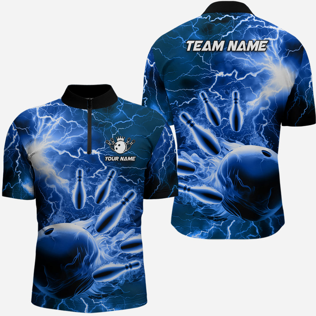 Men's bowling Quarter Zip shirts Custom blue lightning thunder Bowling Team Jersey, gift for Bowlers NQS6582