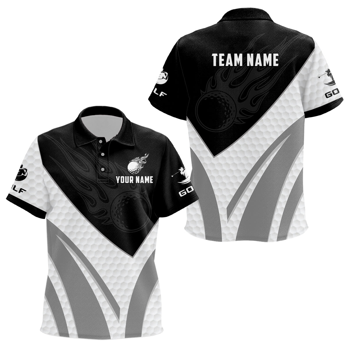 Black and white Kid golf polo shirts custom golf ball fire Kid printed golf shirts NQS7063