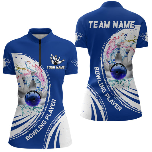 Women Bowling Quarter Zip Custom water bowling ball pins Bowling Team Jersey, gift for Bowlers | Blue NQS7194