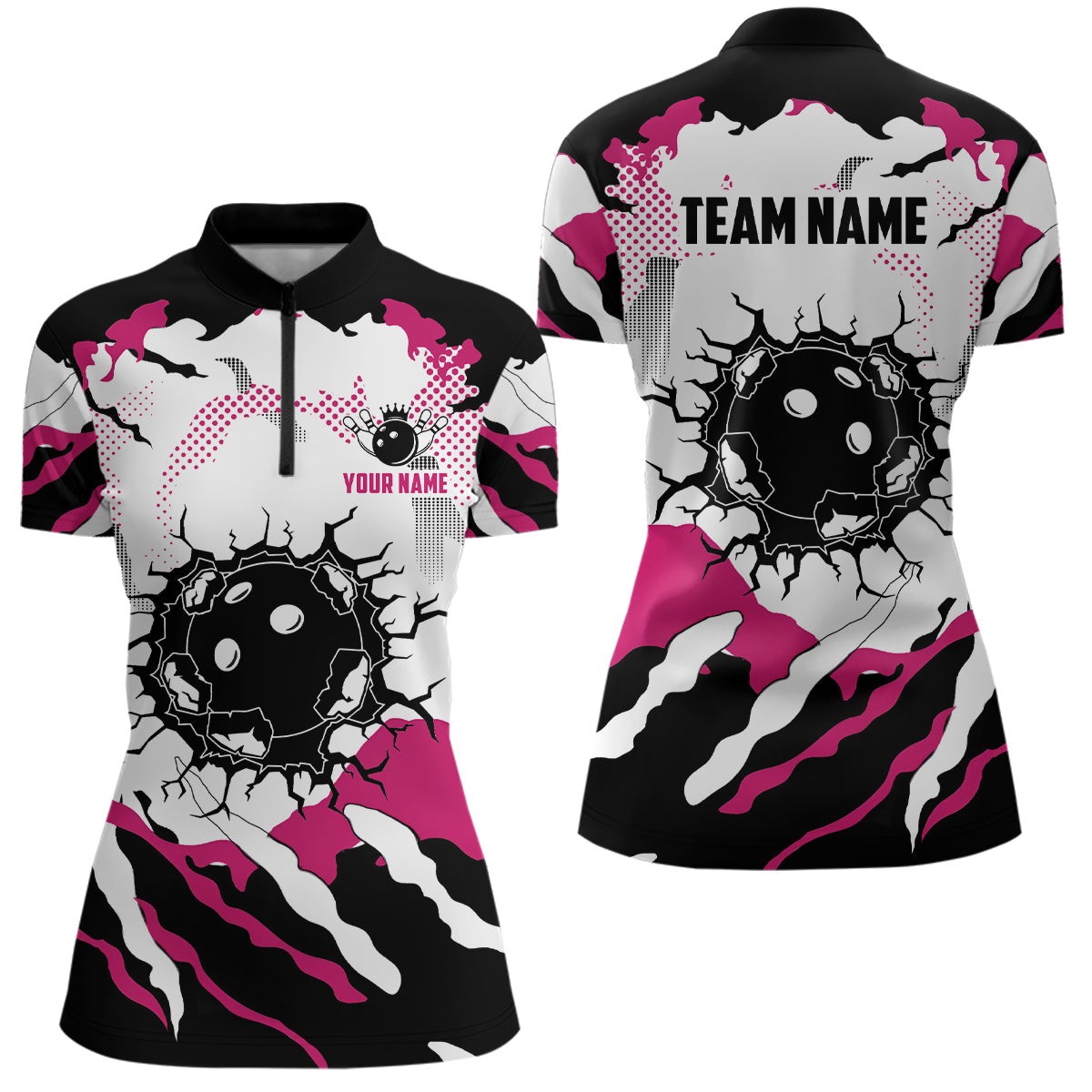 Personalized pink and white camo womens bowling Quarter Zip shirts, custom ladies bowling shirts NQS6713
