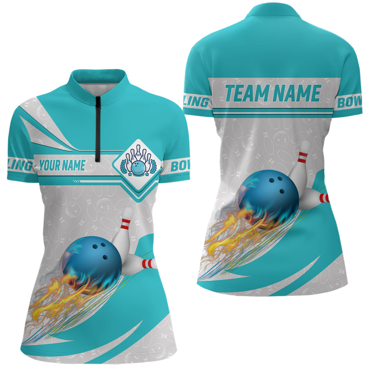 Cyan blue Bowling Quarter Zip Shirt For Women Custom camo flame bowling ball pins Team League Jerseys NQS6733