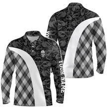 Load image into Gallery viewer, Black and white Mens golf polo shirt custom skull argyle plaid pattern golf shirts for men, golf gifts NQS6518