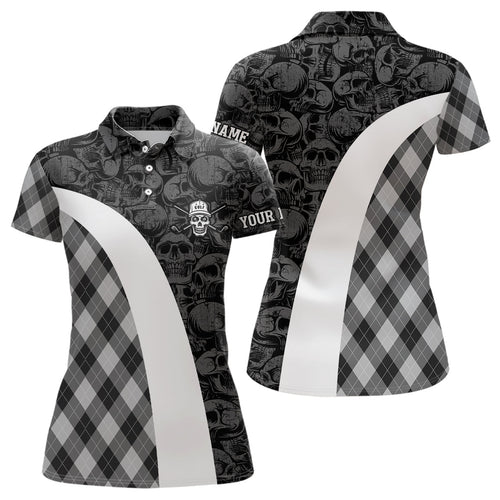 Black and white Womens golf polo shirts custom skull argyle plaid pattern golf shirts for ladies NQS6518