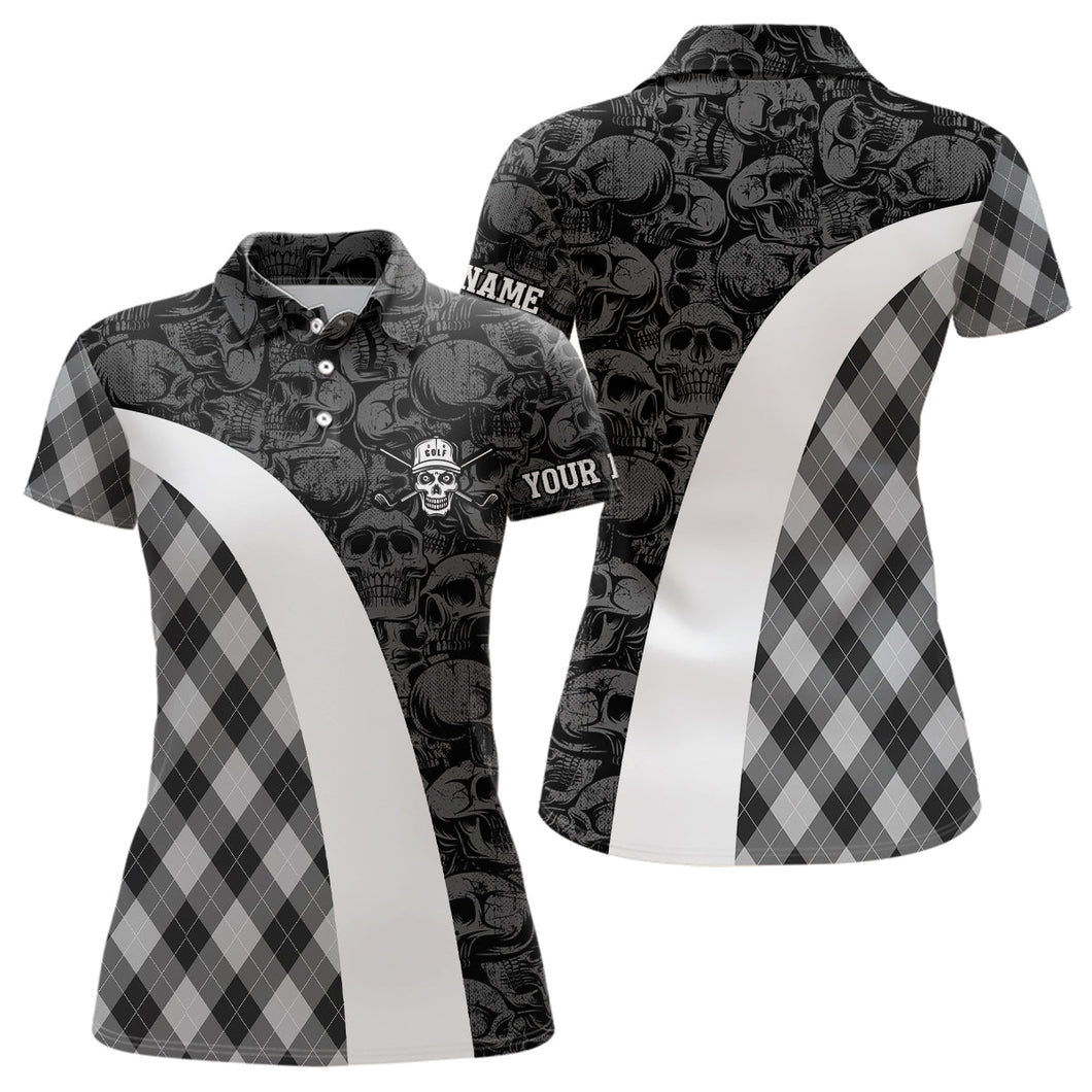 Black and white Womens golf polo shirts custom skull argyle plaid pattern golf shirts for ladies NQS6518