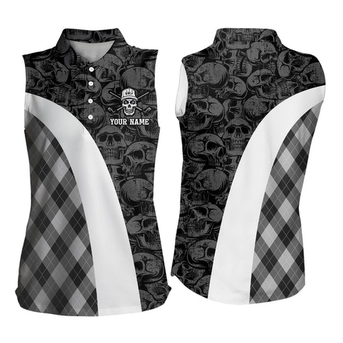 Black and white Womens sleeveless polos shirt custom skull argyle plaid pattern golf shirts for ladies NQS6518