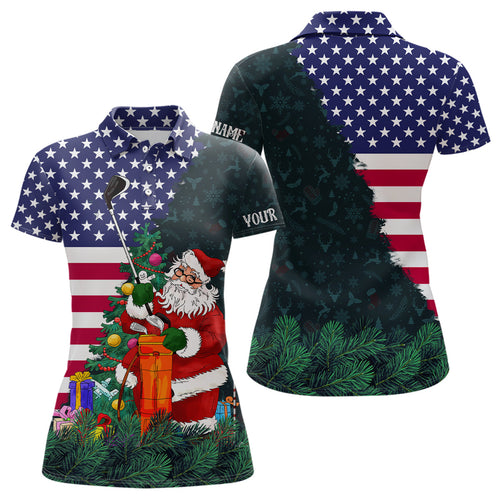 American flag Christmas Santa golf pattern custom Womens golf polo shirts, Xmas golf outfits women NQS6779