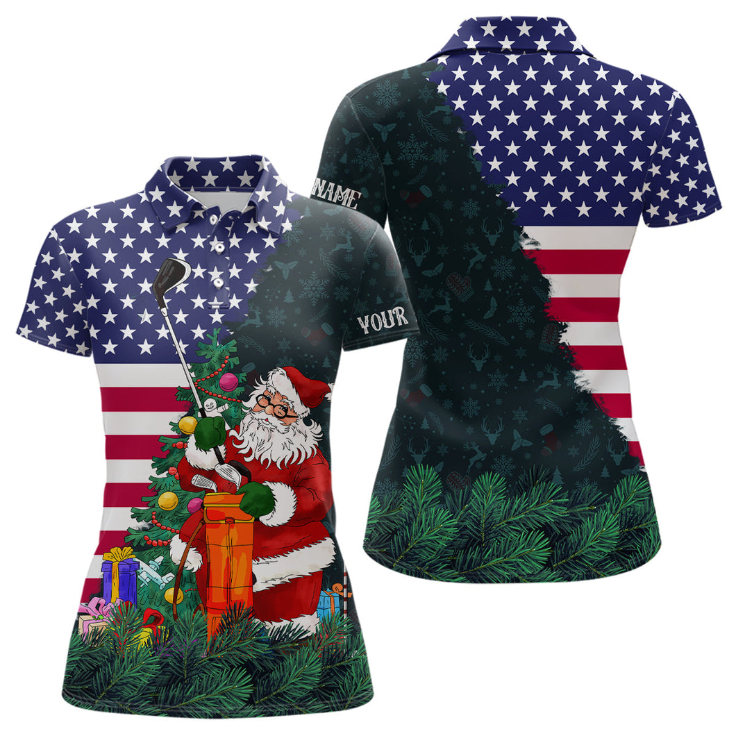 American flag Christmas Santa golf pattern custom Womens golf polo shirts, Xmas golf outfits women NQS6779