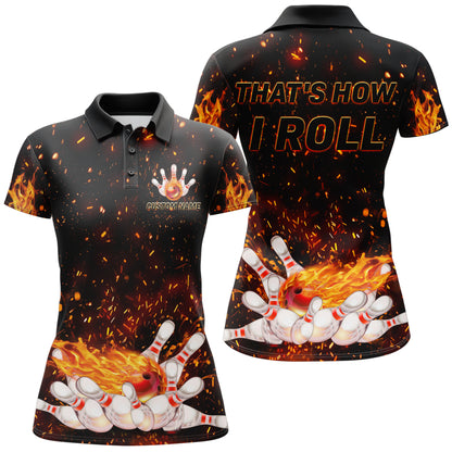 Flame Polo Bowling Shirt for Women, Personalized Black Bowling Jersey for Female Bowlers NBP139