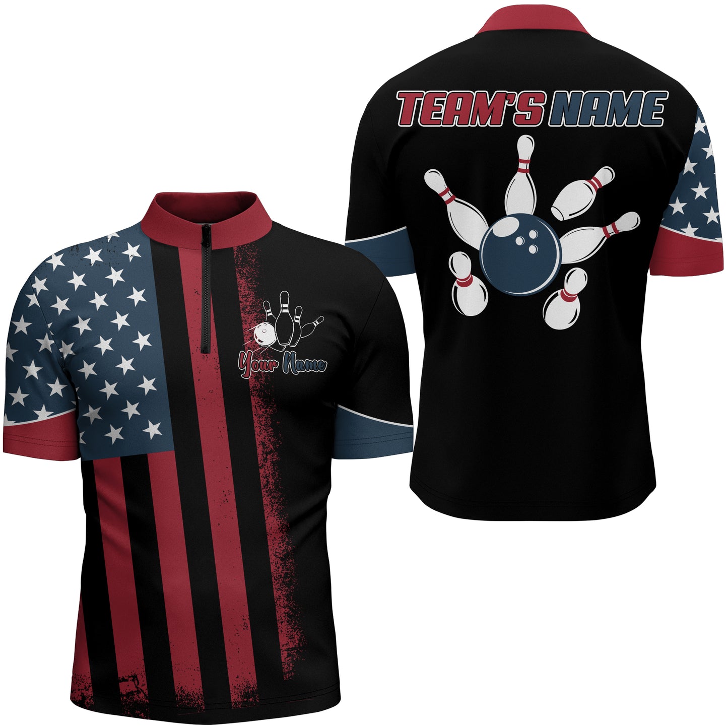 USA Flag Bowling Quarter-Zip Shirt Men Custom Bowling Jersey Patriotic Bowling Team League Shirt BDT112