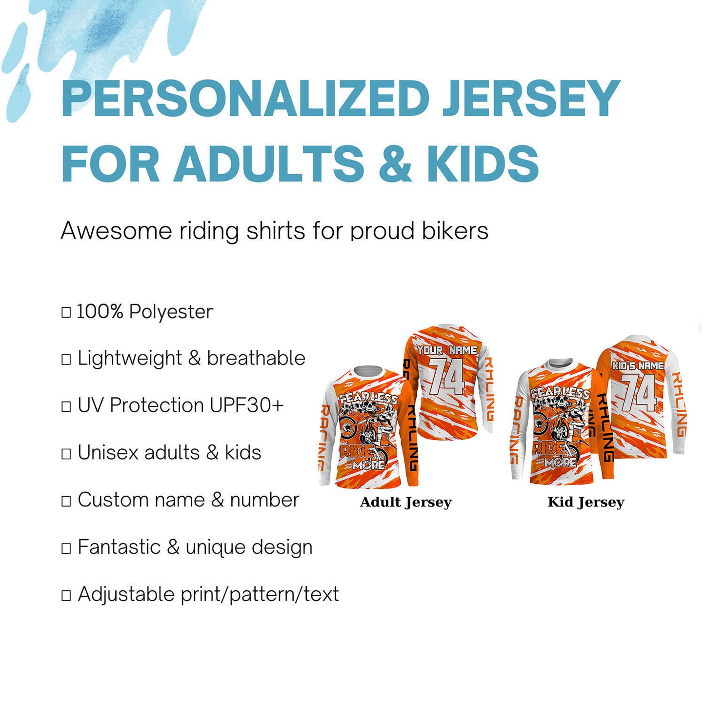 Skull Motocross Jersey Personalized UPF30+ Adult Kid Dirt Bike Racing Fear Less Ride More NMS1232