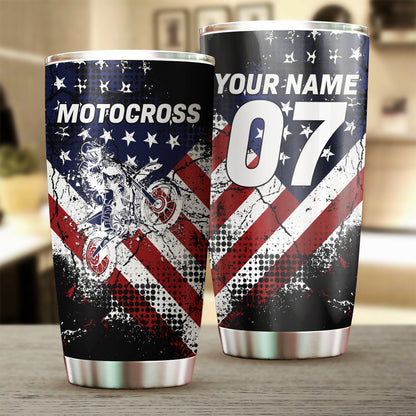 Custom USA Flag Motocross Tumbler Cup - Off-Road Dirt Bike Tumbler Biker Patriotic Gift Drinkware CDT16